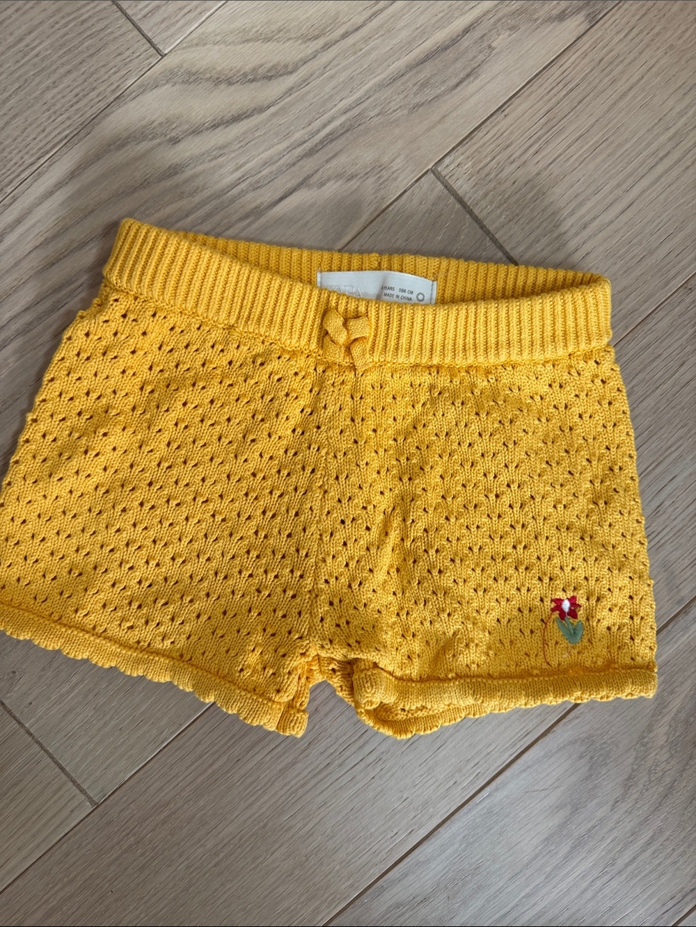 Zara Yellow Knit crochet Shorts with Embroidered Flower
